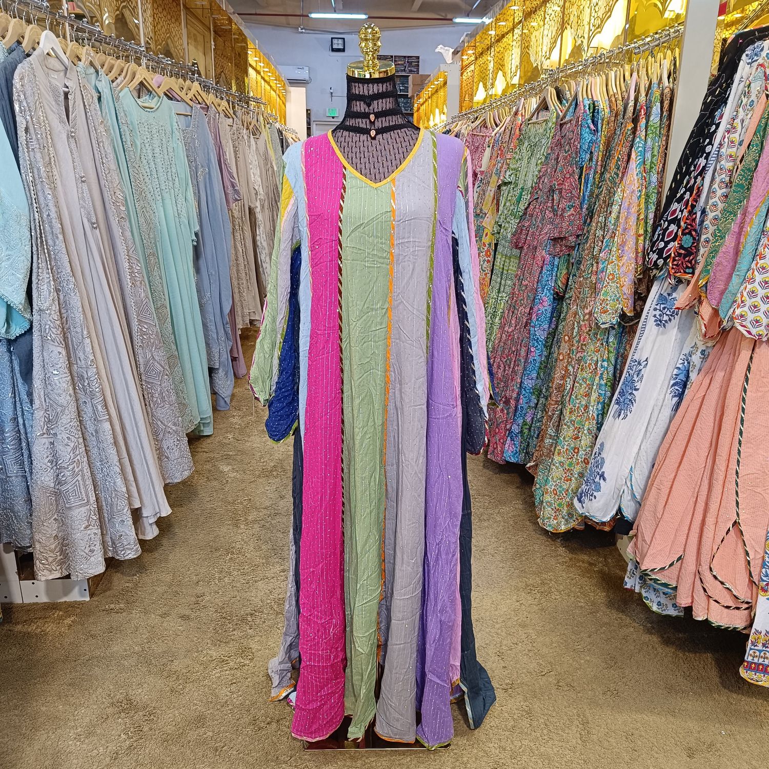 S/M Meher Crystal Multi Printed Cotton Dress 56&quot; Long Jalabiya