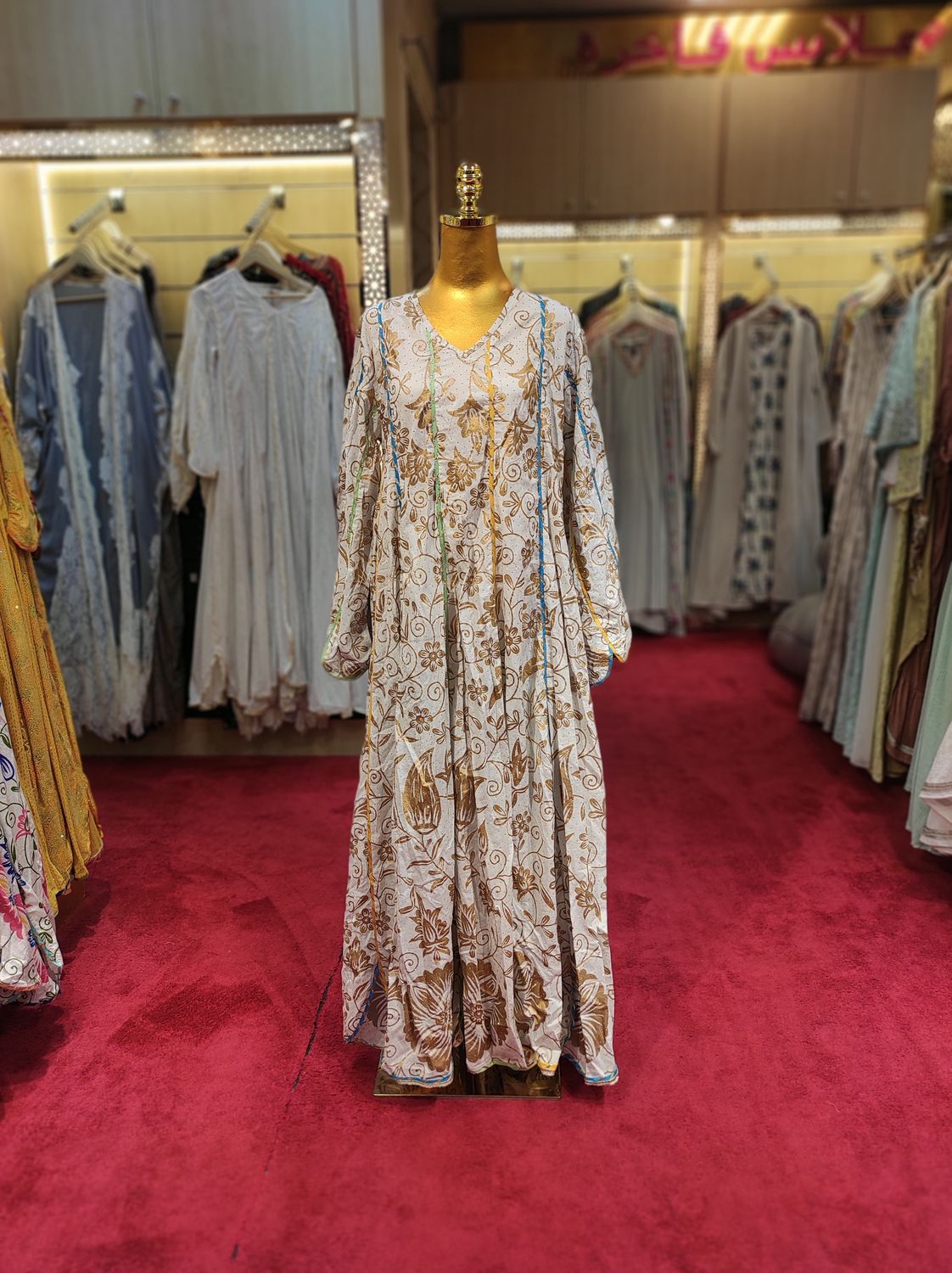 S/M Meher Crystal White and GoldPrinted Cotton Dress 57&quot;Long Jalabiya