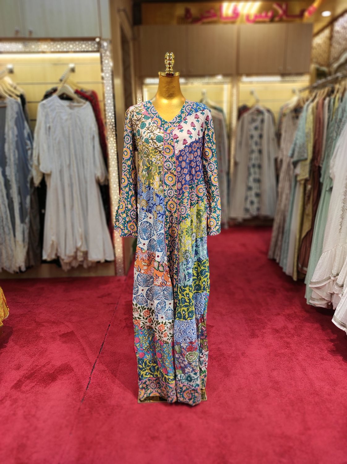 S/M Zeina Multi Printed Cotton Dress 57&quot; Long Jalabiya