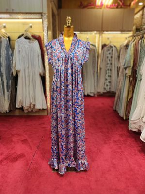 S/M Satin Amani Printed Cotton Dress 57&quot; Short Sleeves Jalabiya