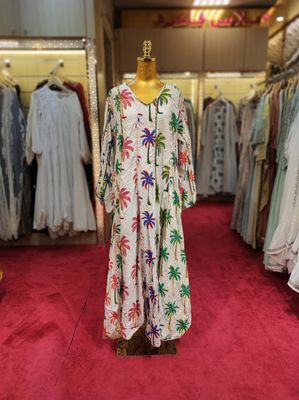 L/XL Meher Crystal White and printed Cotton Dress 57&quot; Long Jalabiya