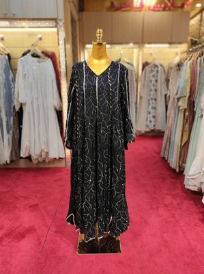 XS/S Meher Crystal Black Printed Cotton Dress 54&quot; Long Jalabiya
