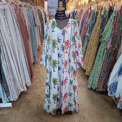 2XL/3XL Meher Crystal white Printed Cotton Dress 57&quot; Long Jalabiya