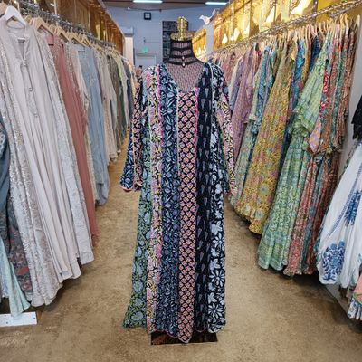 L/XL Meher Crystal Black Multi Printed Cotton Dress 57&quot; Long Jalabiya