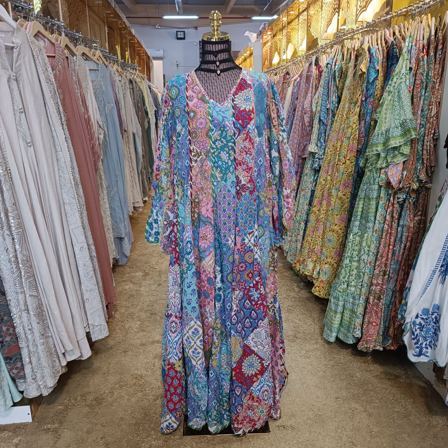 L/XL Meher Crystal Multi Printed Cotton Dress 57&quot; Long Jalabiya