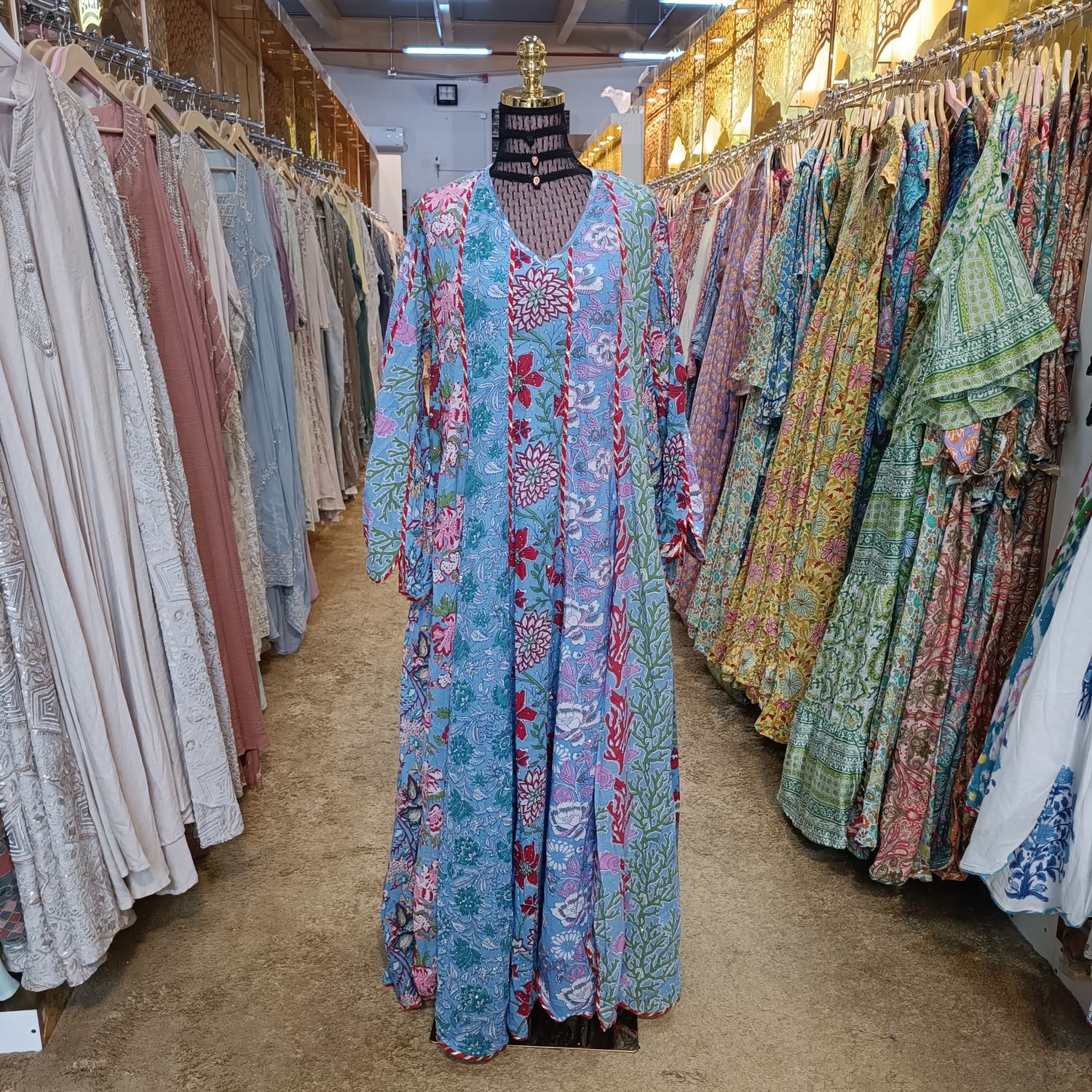 S/M Meher Crystal Multi Printed Cotton Dress 57&quot; Long Jalabiya