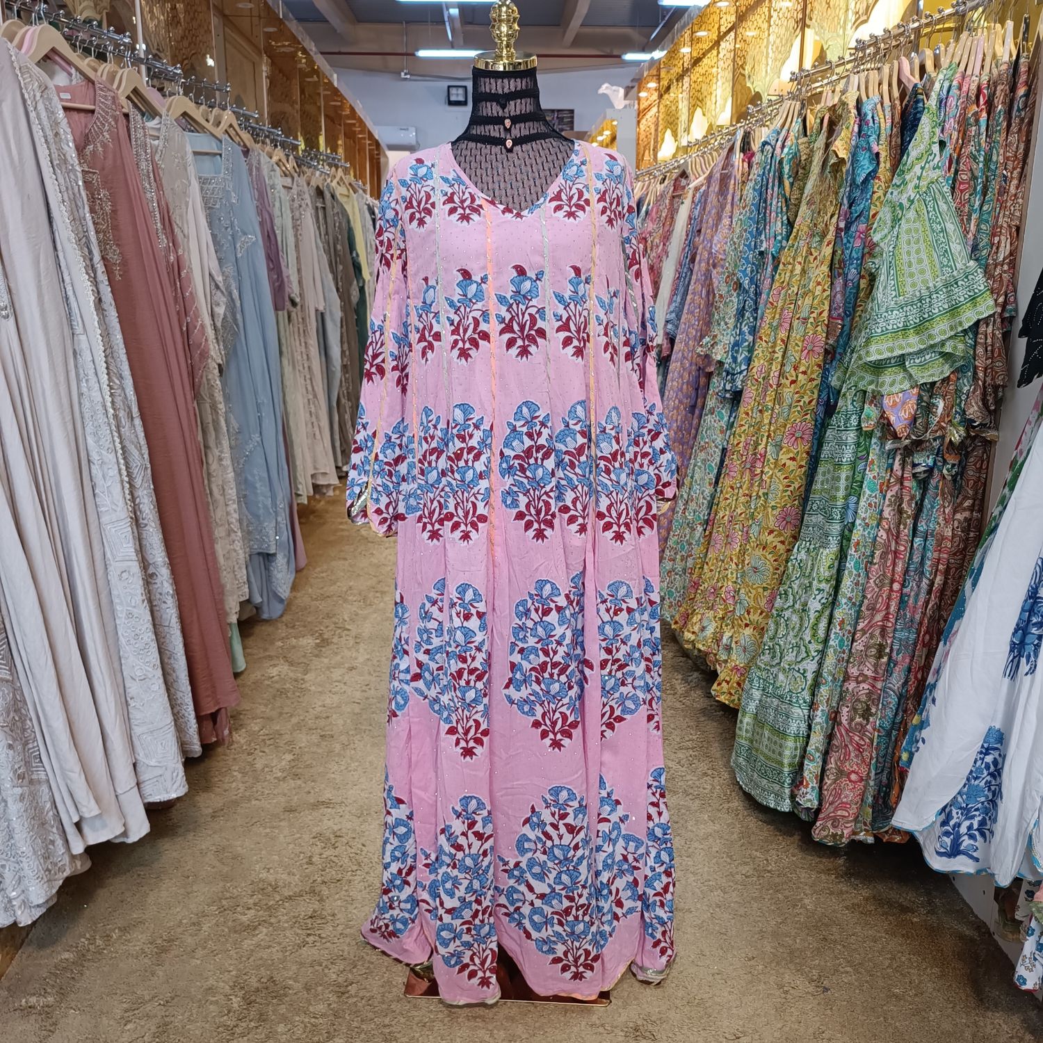 S/M Meher Crystal Multi Printed Cotton Dress 57&quot; Long Jalabiya