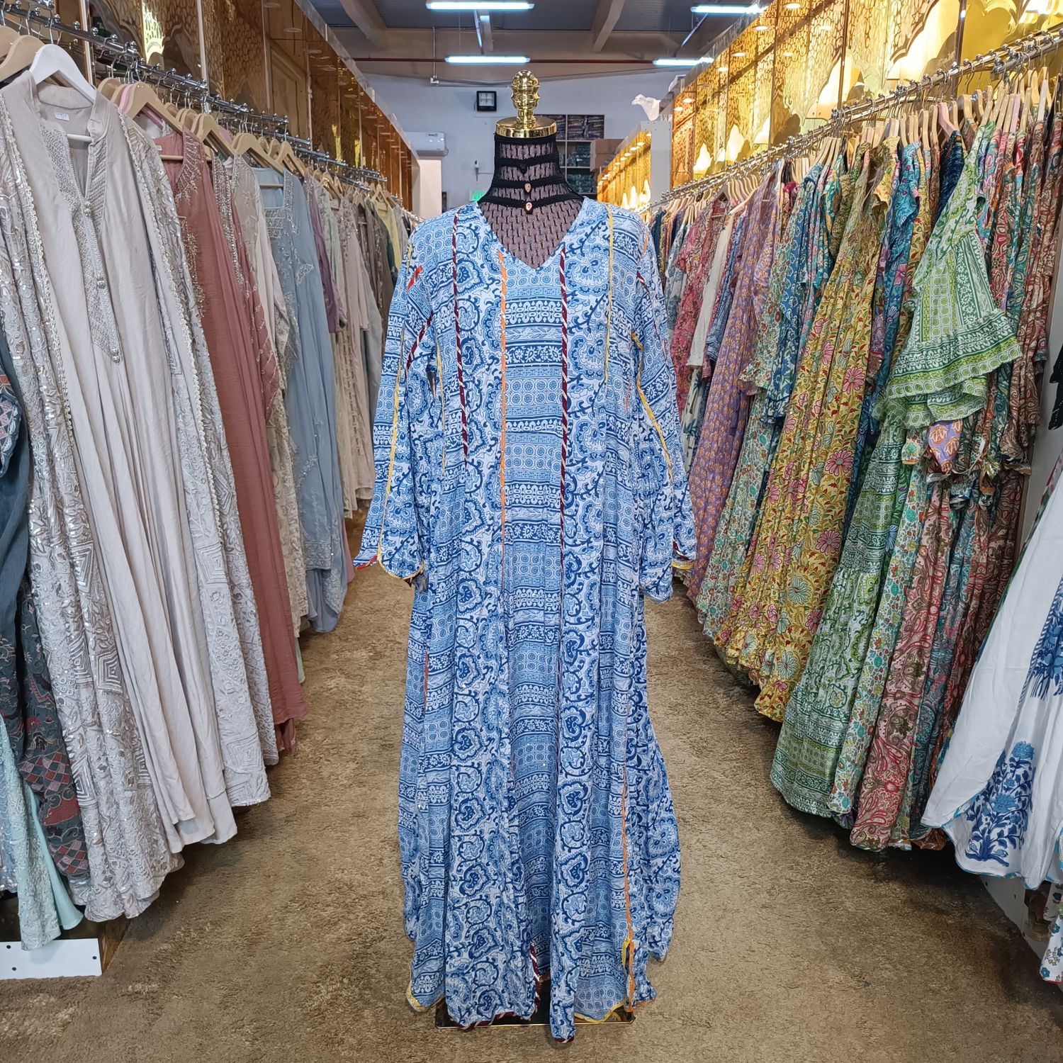 L/XL Meher Crystal Multi Printed Cotton Dress 56&quot; Long Jalabiya