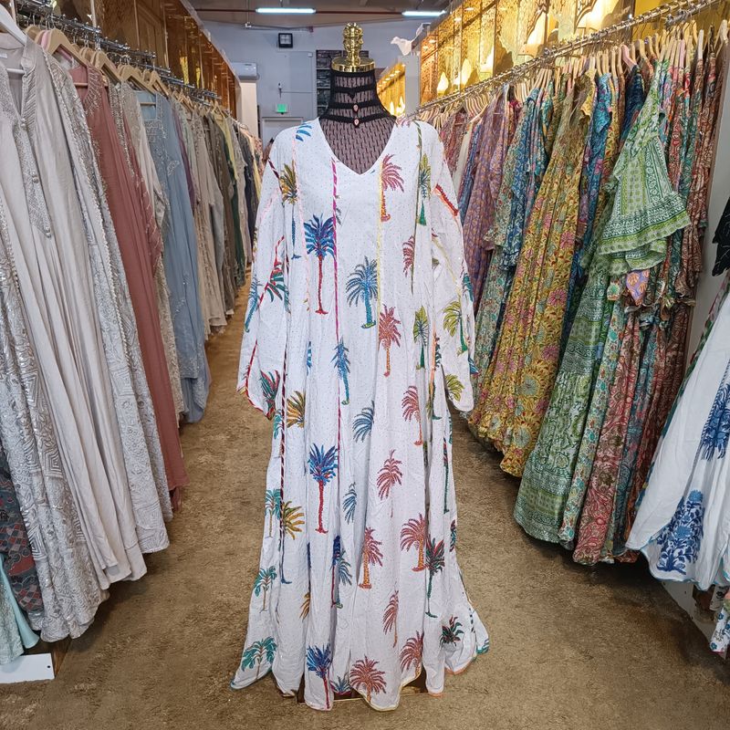 2XL/3XL Meher Crystal white Printed Cotton Dress 57&quot; Long Jalabiya