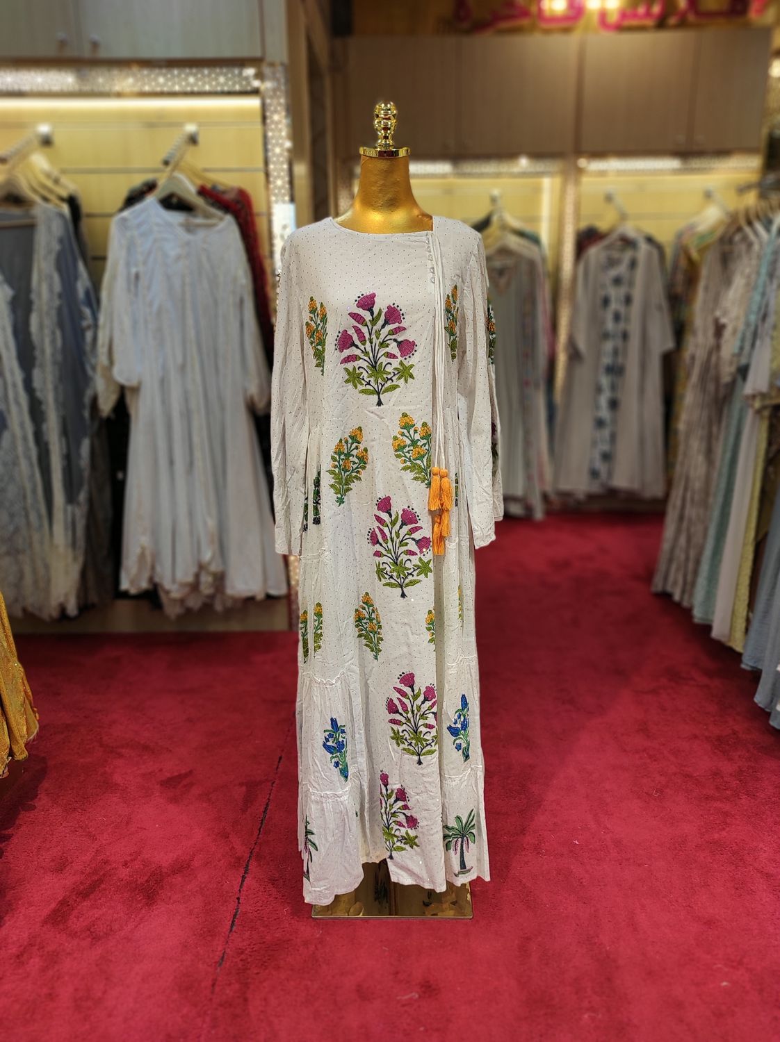 S/M Cindrella crystal White and printed Cotton Dress 57&quot; Long Jalabiya