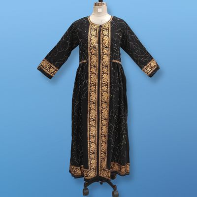 L/XL Bhopali Crystal Black Golden Dress 56&quot; Long Jalabiya