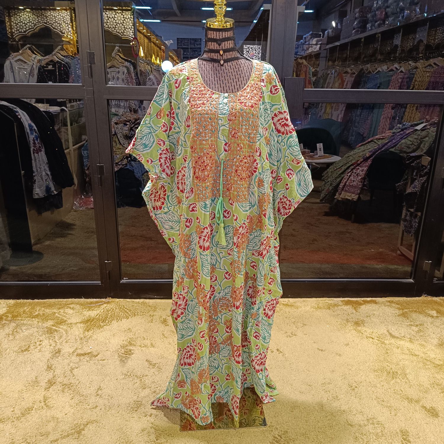 Free Size Farasha Embroidery  Kaftan Cotton Dress 56&quot; Long