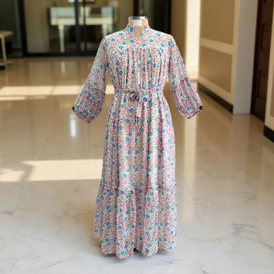 L/XL Ziya Silk Crystal Printed Cotton Dress 57&quot; Long Jalabiya