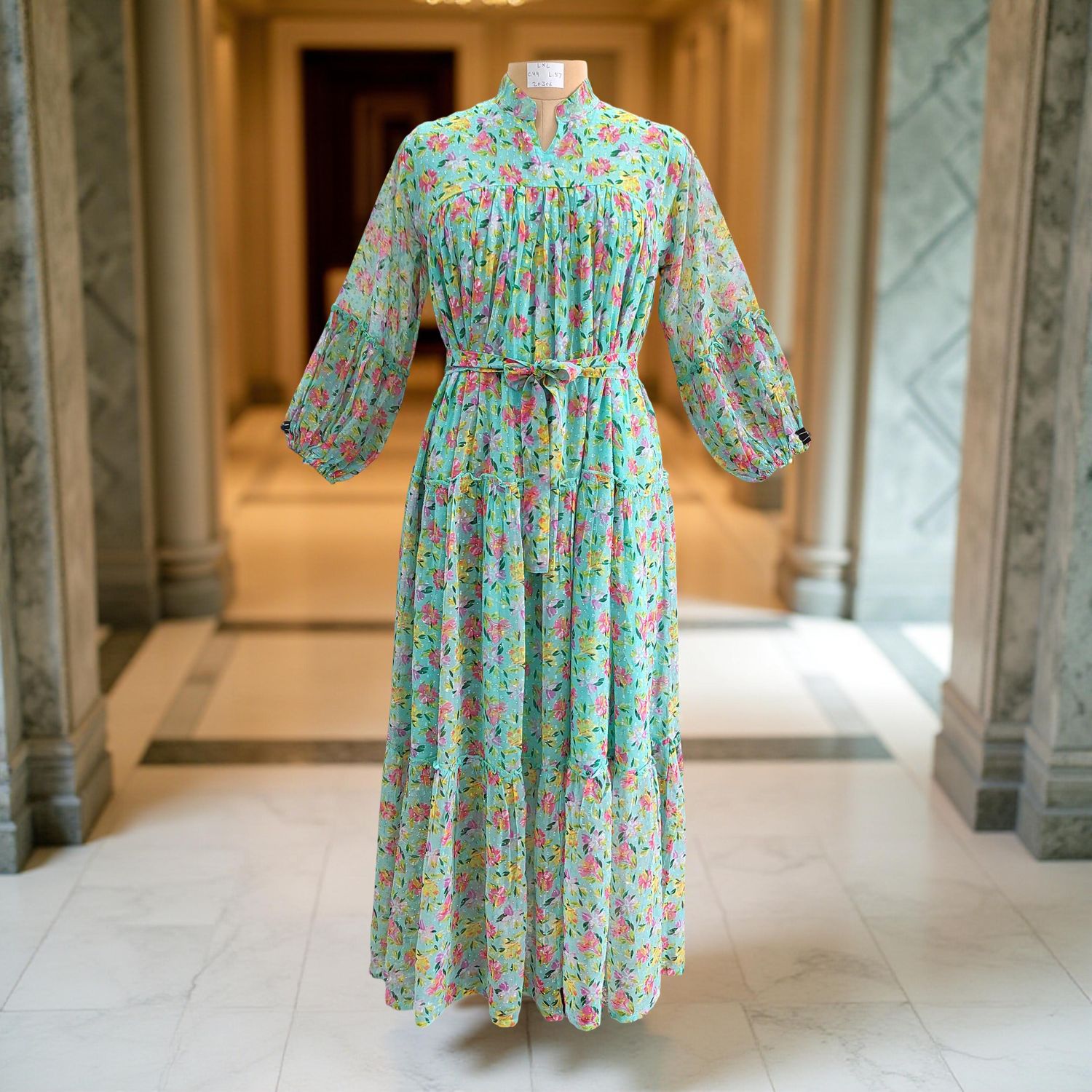 L/XL Ziya Silk Crystal Printed Cotton Dress 57&quot; Long Jalabiya