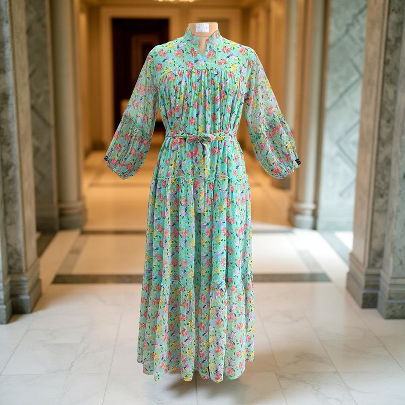 L/XL Ziya Silk Crystal Printed Cotton Dress 57&quot; Long Jalabiya