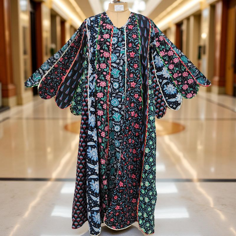 L/XL Meher Multi Printed Cotton Dress 57&quot; Long Jalabiya