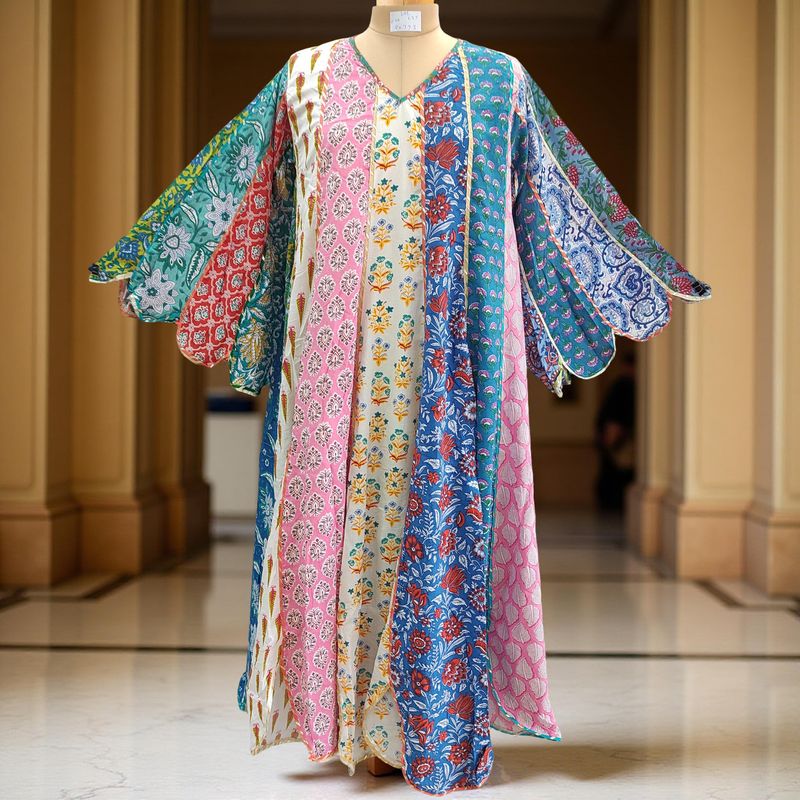 L/XL Meher Multi Printed Cotton Dress 57&quot; Long Jalabiya