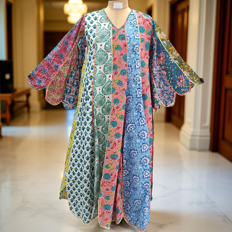 L/XL Meher Multi Printed Cotton Dress 57&quot; Long Jalabiya