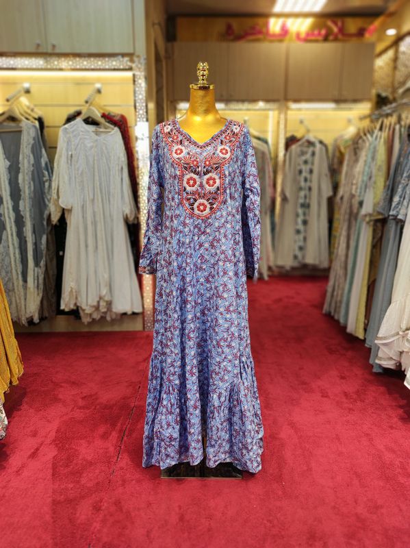 S/M Uswah Embroidery Printed Cotton Dress 57&quot; Long Jalabiya
