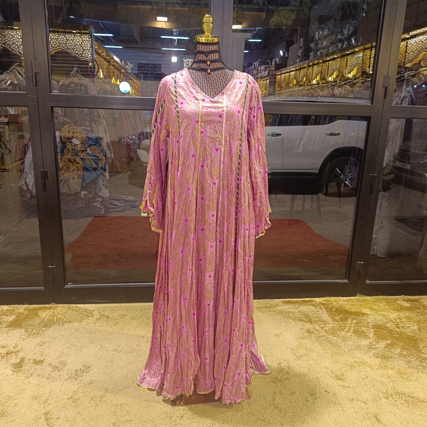 S/M Meher pink Gold Printed Cotton Dress 56&quot; Long Jalabiya