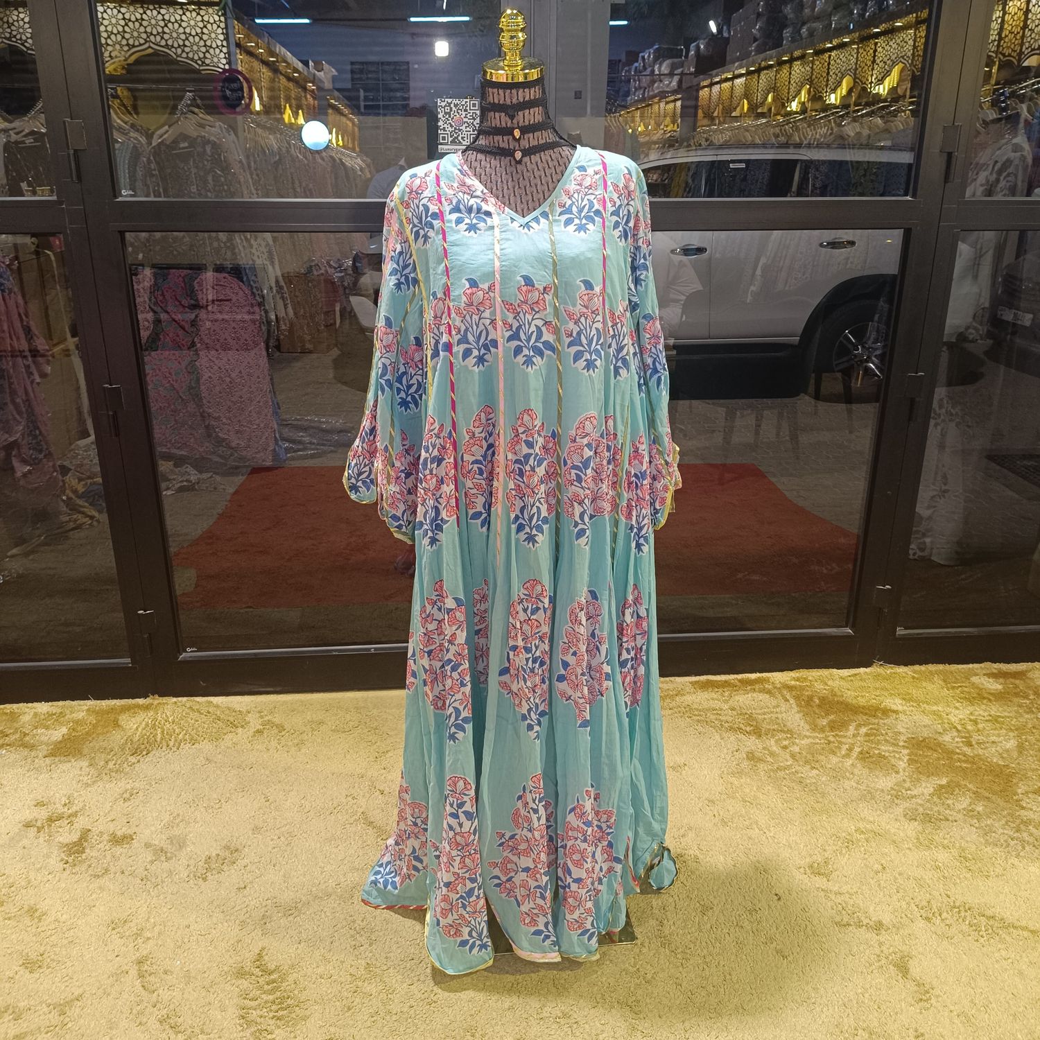 S/M Meher Multi Printed Cotton Dress 56&quot; Long Jalabiya