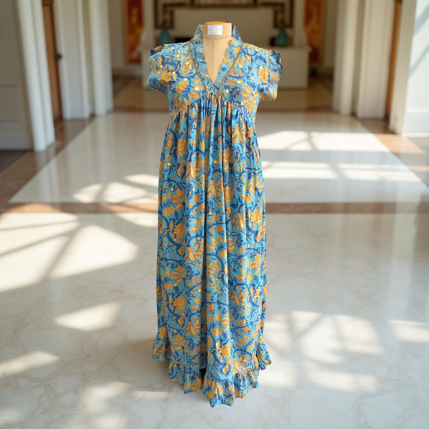 L/XL Satin Amani Printed Cotton Dress 57&quot; Short Sleeves Jalabiya
