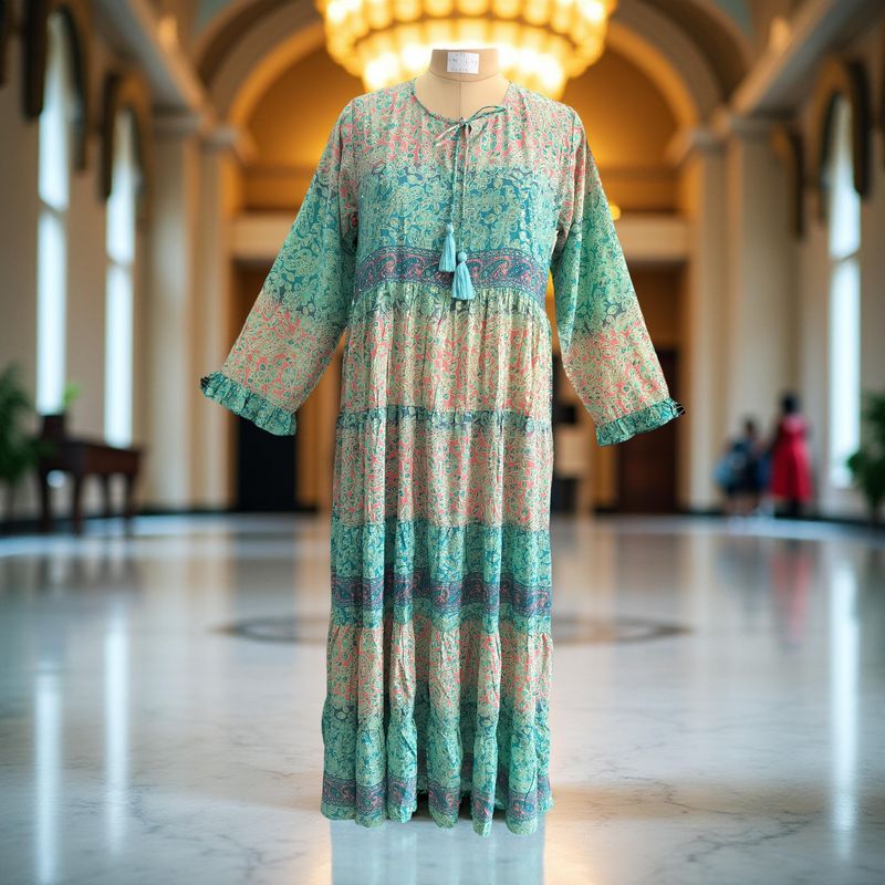 L/XL Razia Silk Crystal Printed  Dress 57&quot; Long Jalabiya