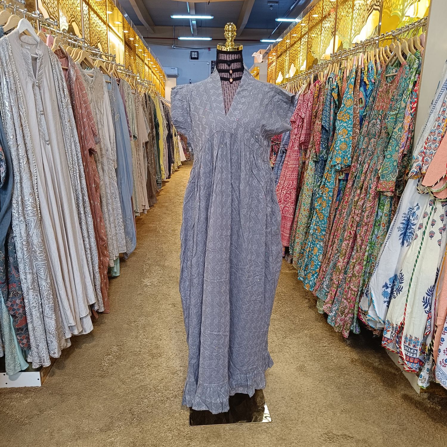 S/M Amani Crystal  Plain Solid Cotton Dress 56&quot; Short Sleeves Jalabiya