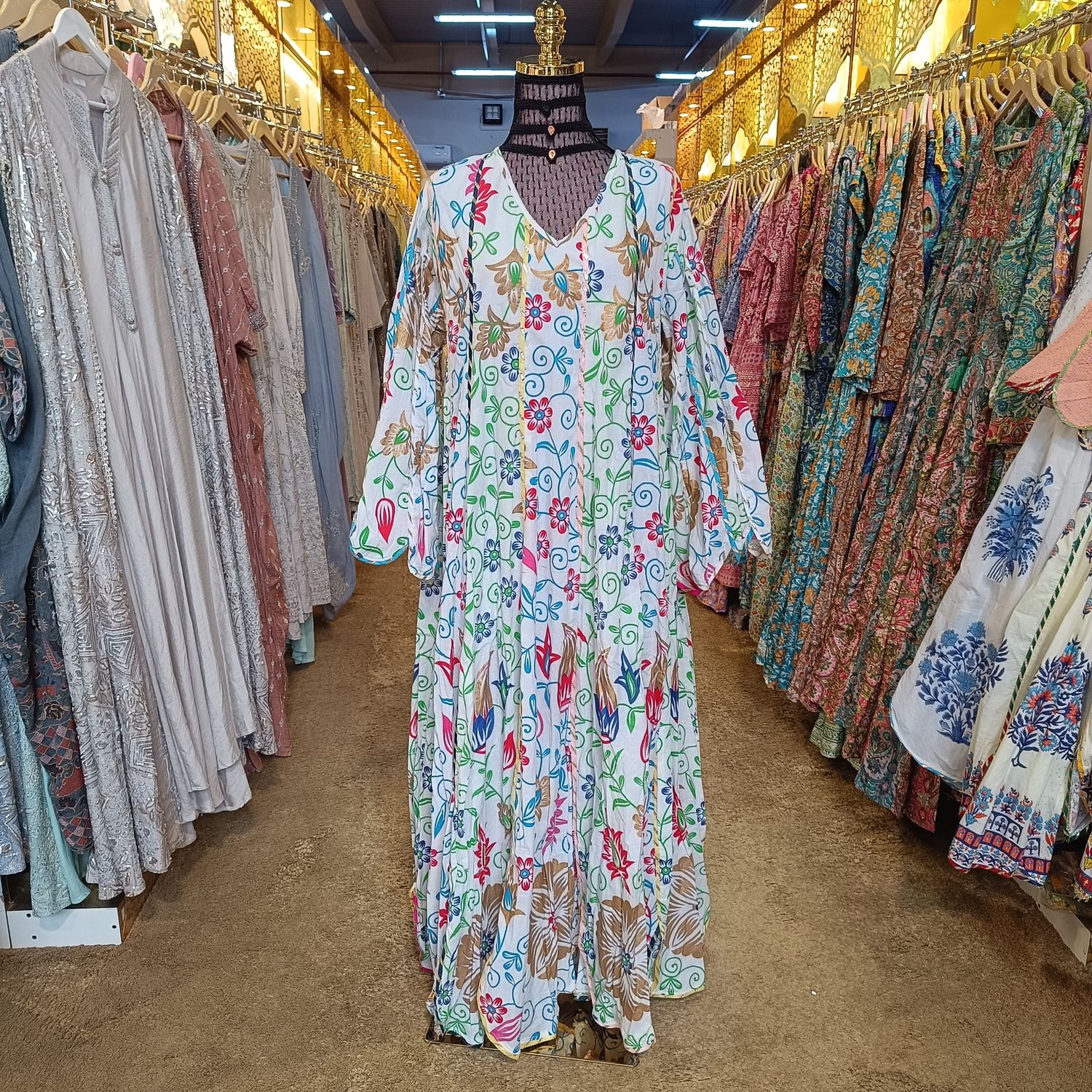 L/XL Meher Multi Printed Cotton Dress 57&quot; Long Jalabiya