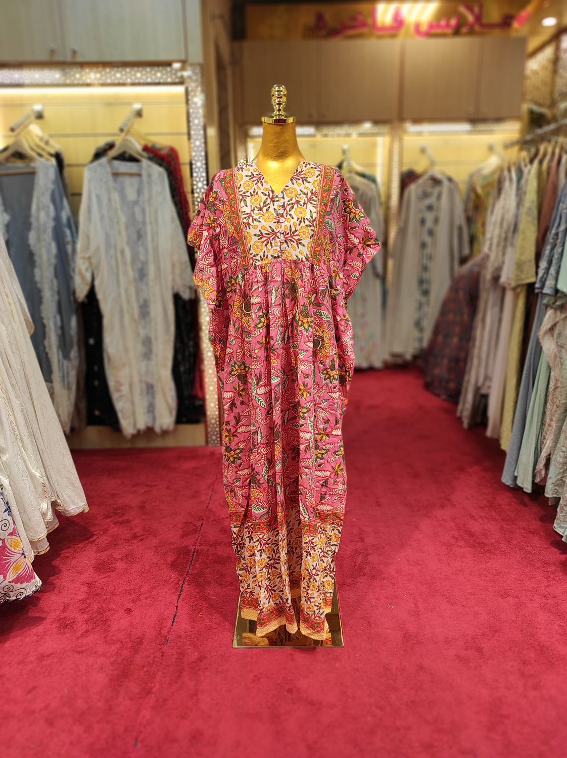 Free Size Farasha Printed Kaftan Cotton Dress 57&quot; Long Jalabiya