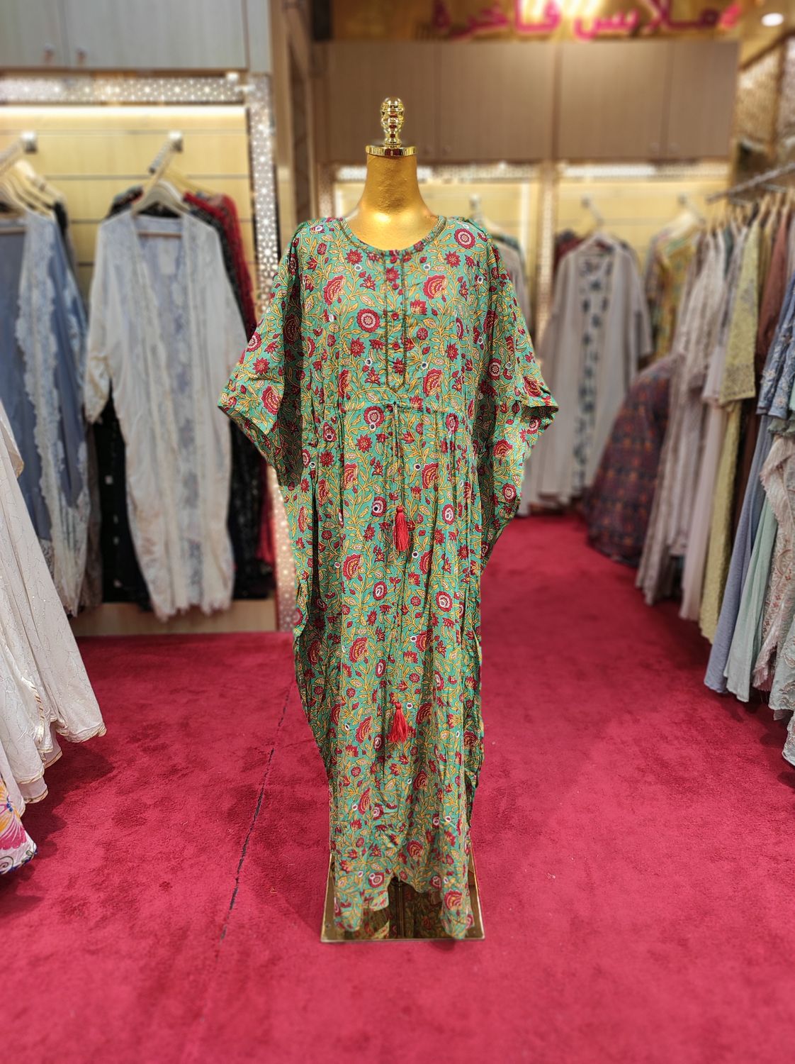 Free Size Farasha Printed Kaftan Cotton Dress 57&quot; Long Jalabiya