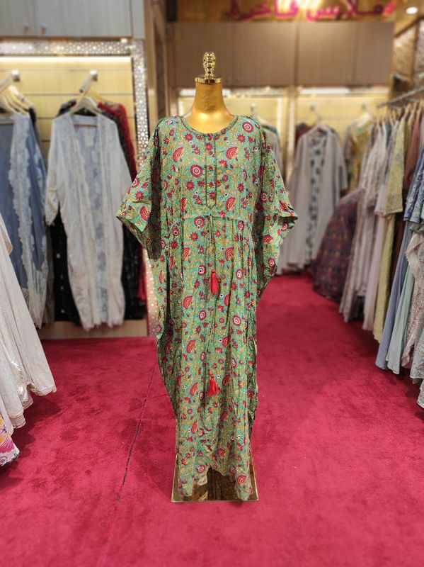 Free Size Farasha Printed Kaftan Cotton Dress 57&quot; Long Jalabiya