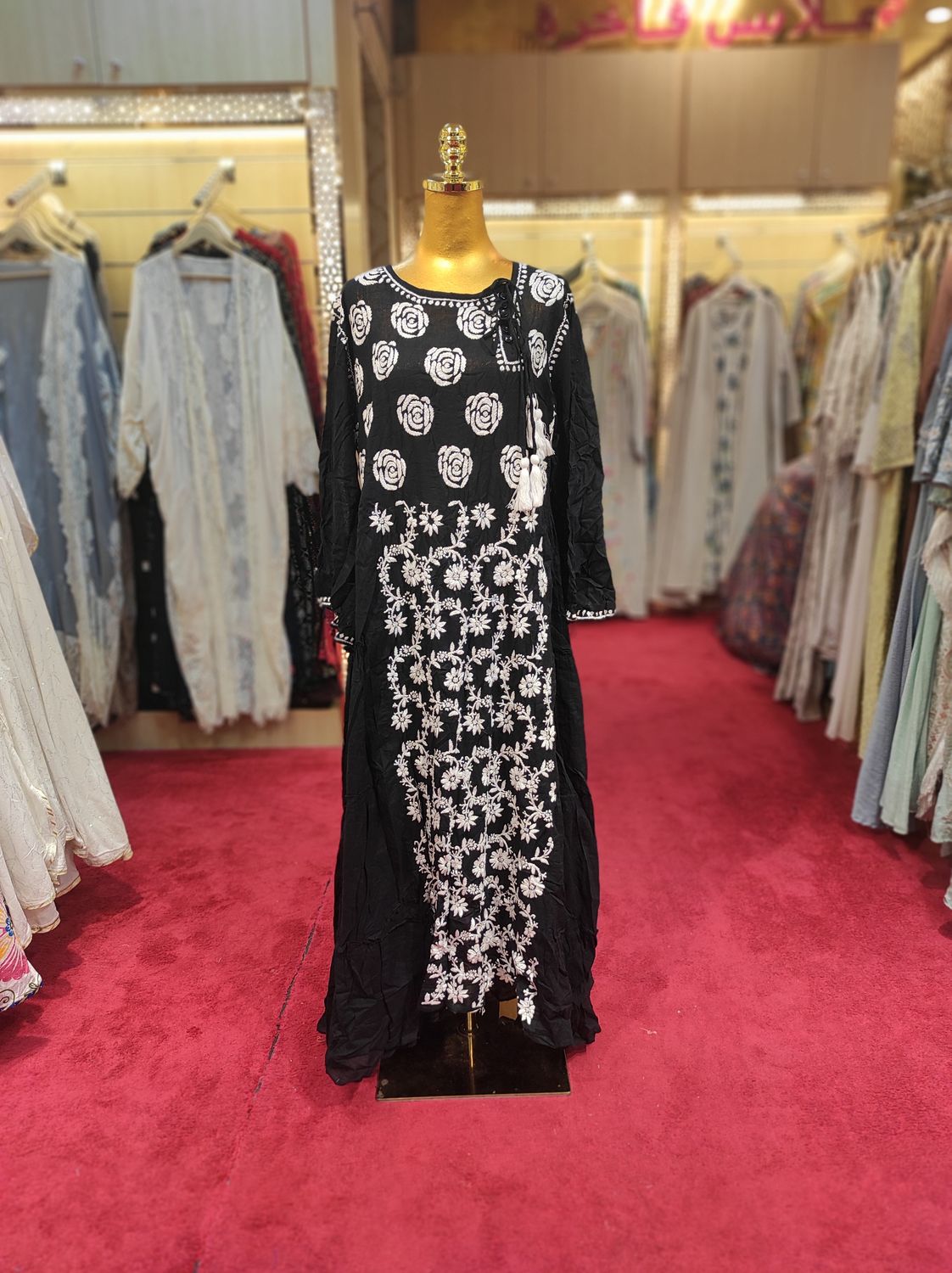 L/XL Cindrella Embroidery Black Cotton Dress 57&quot; Long Jalabiya
