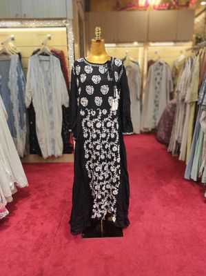 L/XL Cindrella Embroidery Black Cotton Dress 57&quot; Long Jalabiya