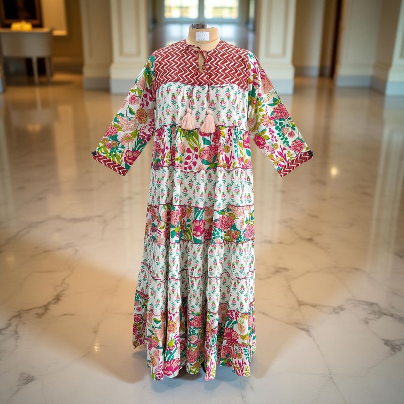 S/M Hafsa Printed Cotton Dress 57&quot; Long Jalabiya