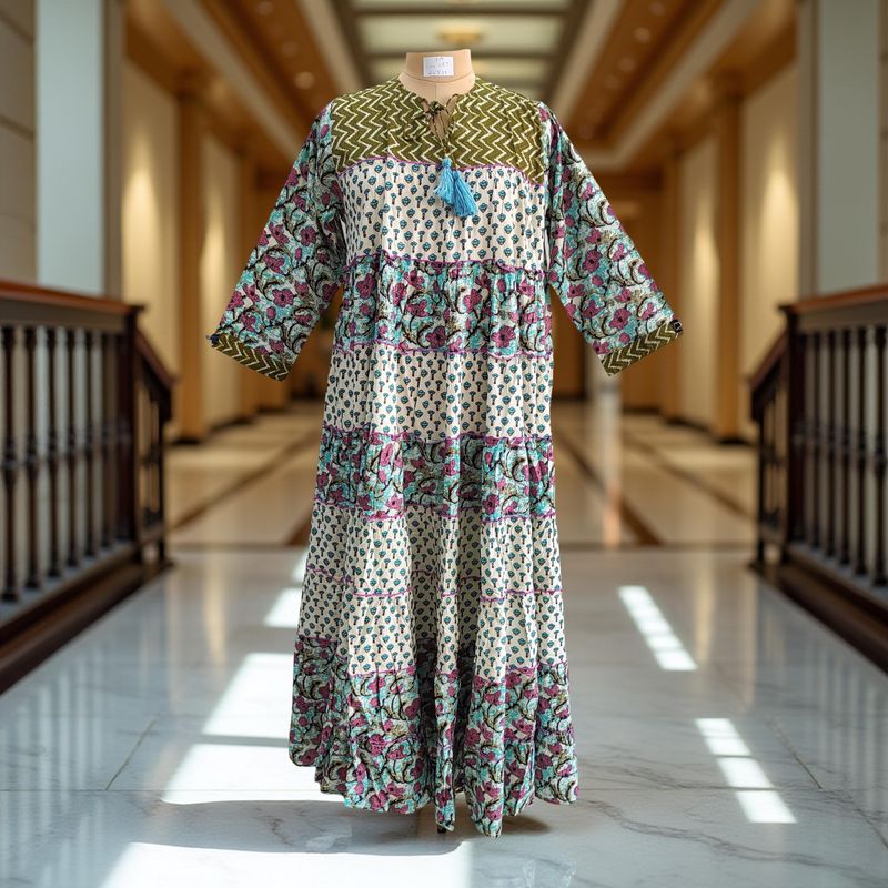 S/M Hafsa Printed Cotton Dress 57&quot; Long Jalabiya