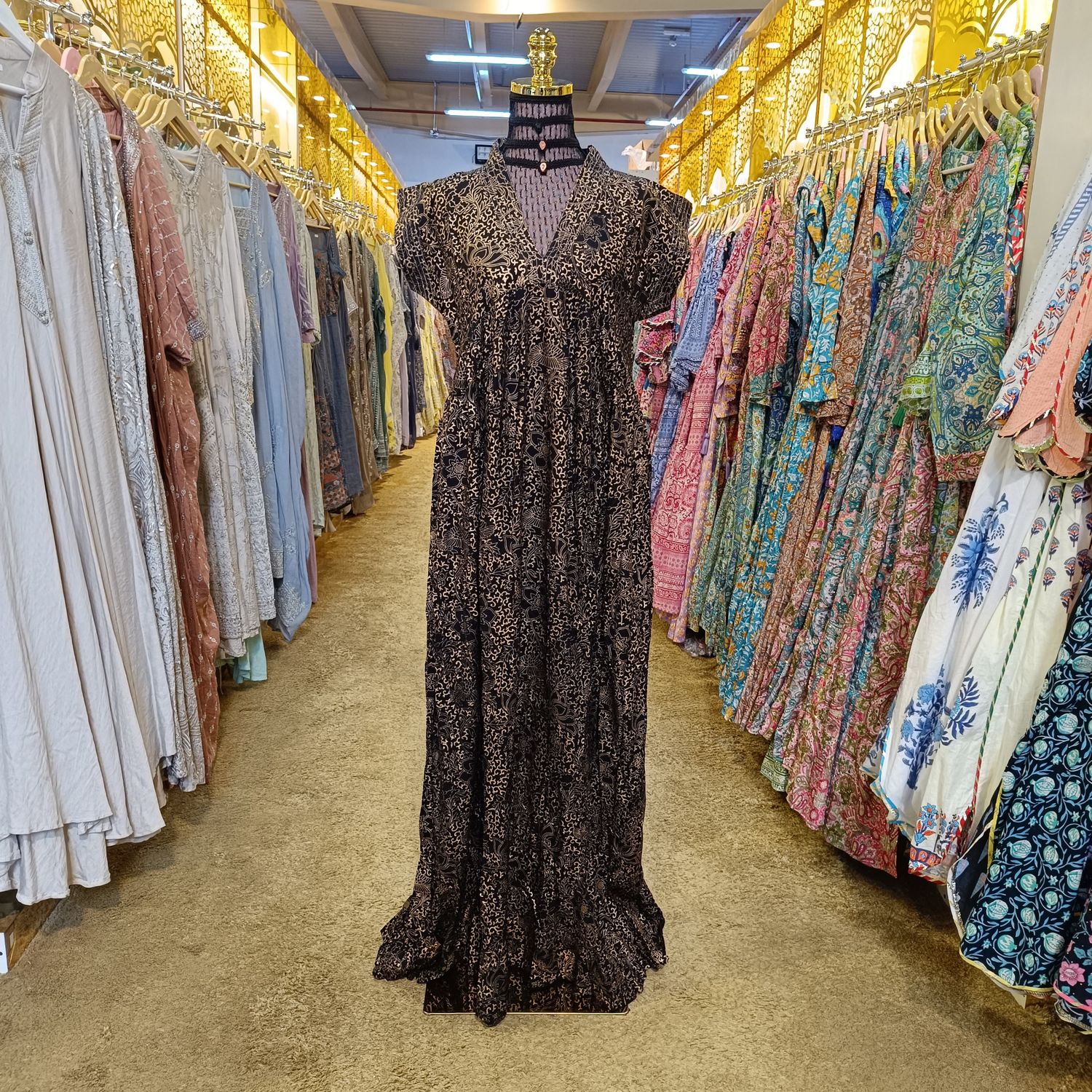 S/M Amani Gold Print Cotton Dress 57&quot; Short Sleeves Jalabiya