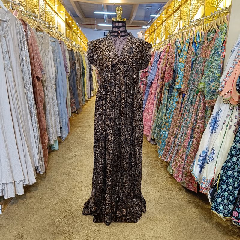 S/M Amani Gold Print Cotton Dress 57&quot; Short Sleeves Jalabiya