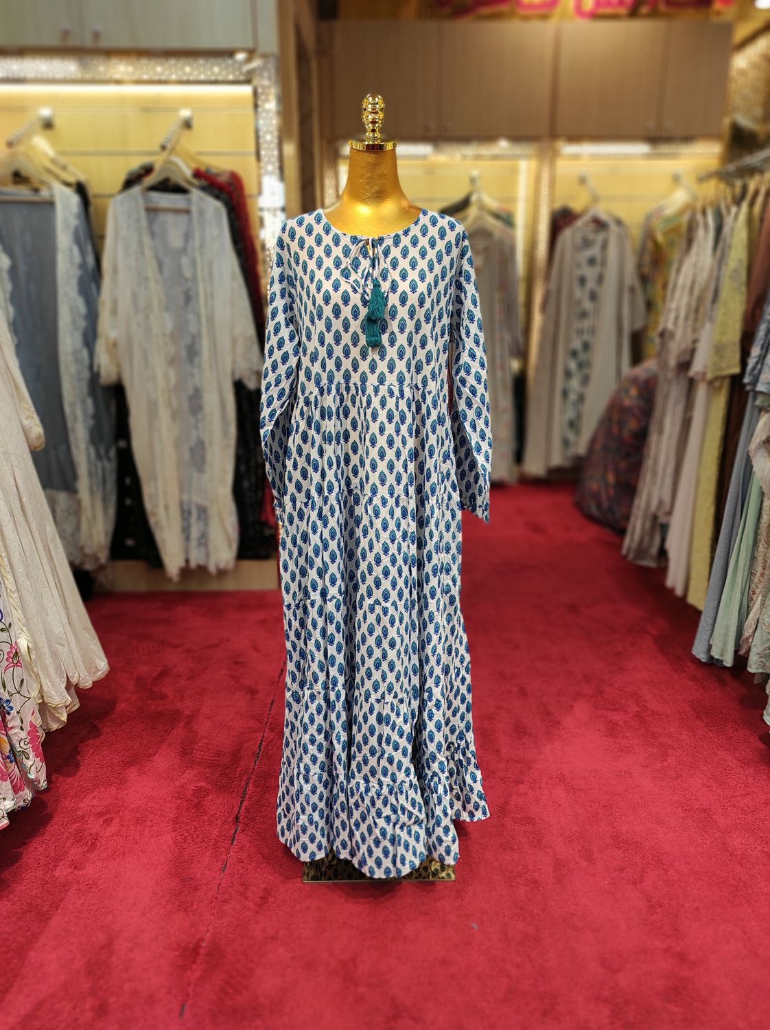 L/XL Razia Blue Printed Cotton Dress 57&quot; Long Jalabiya