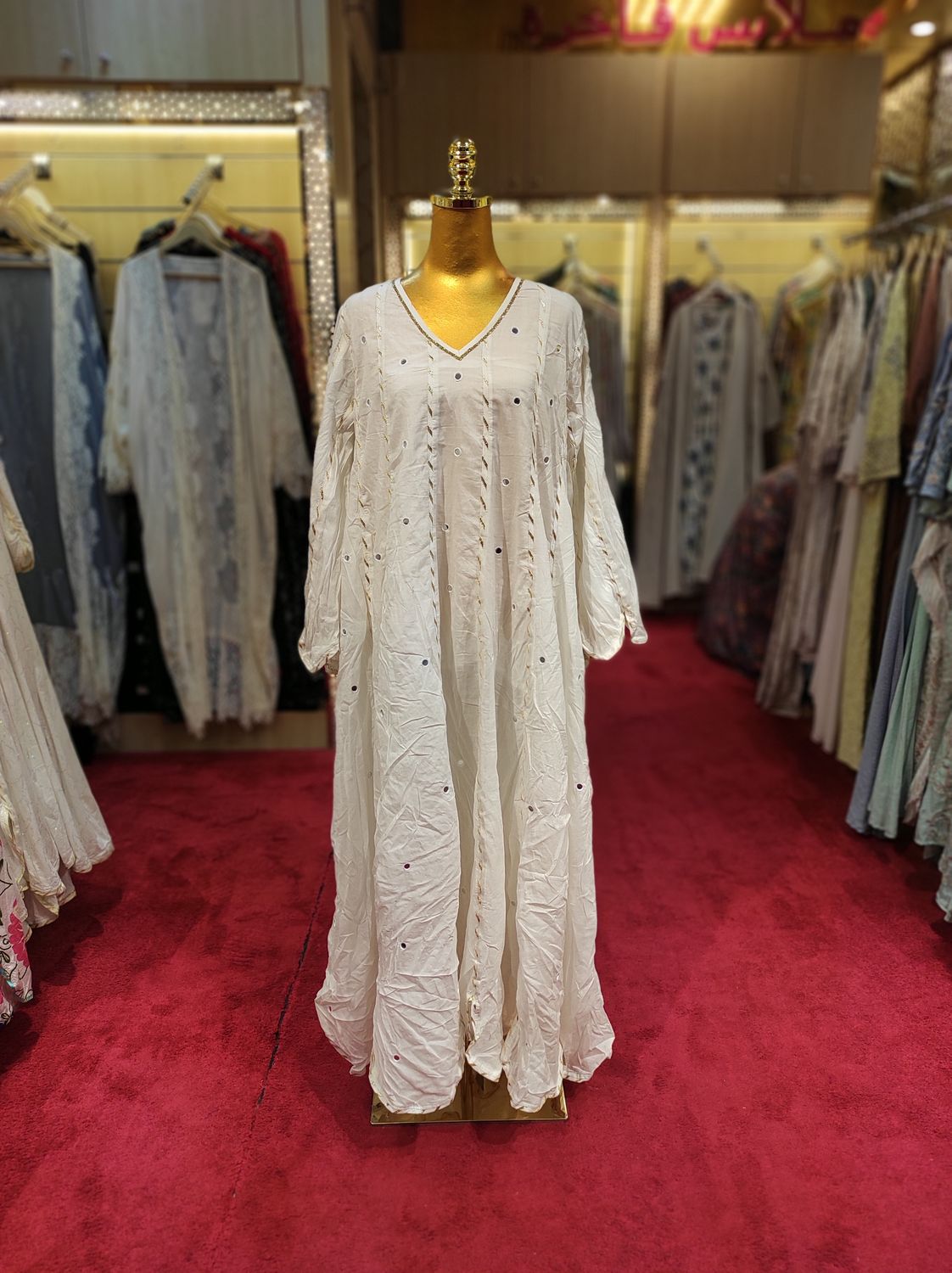 S/M Meher White And Mirror Cotton Dress 57&quot; Long Jalabiya