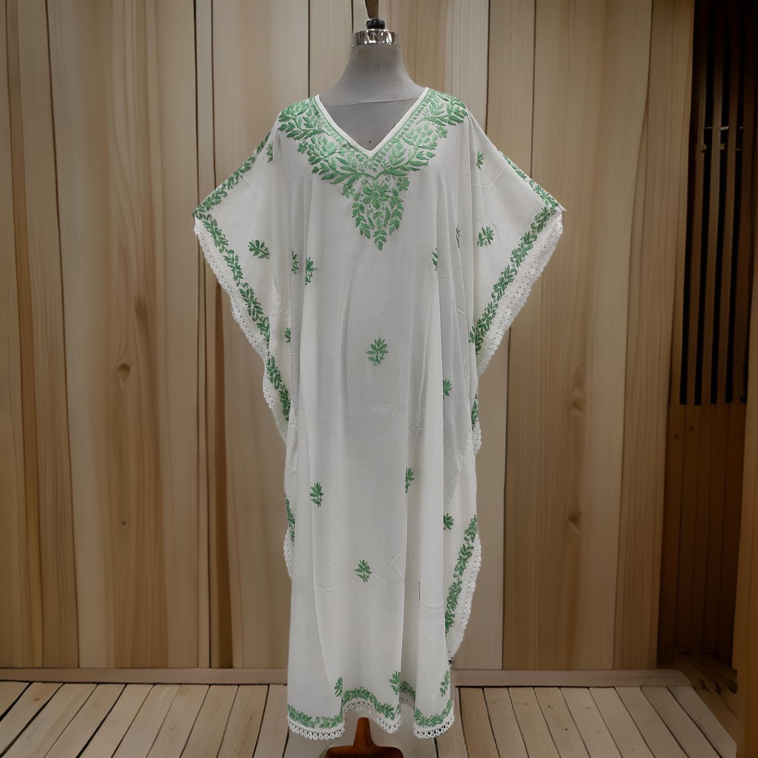 Free Size Farasha Embroidery Kaftan Cotton Dress 60&quot; Long