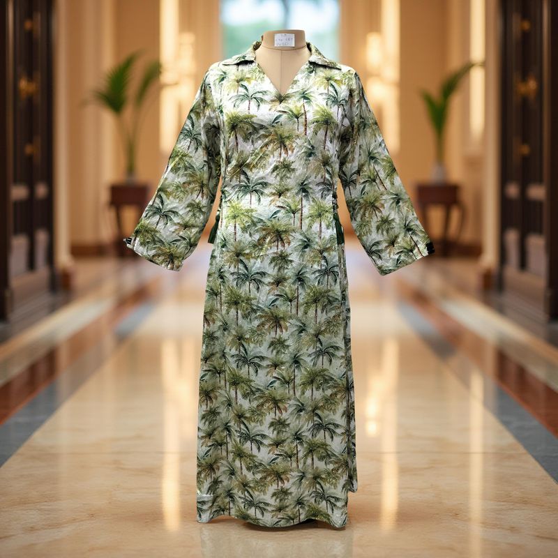 S/M Hayat Satin Crystal Printed  Dress 57&quot; Long Jalabiya