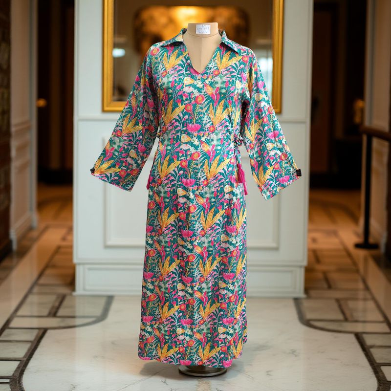 S/M Hayat Satin Crystal Printed  Dress 57&quot; Long Jalabiya