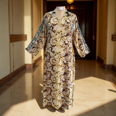 L/XL Hayat Silk Crystal Printed  Dress 57&quot; Long Jalabiya