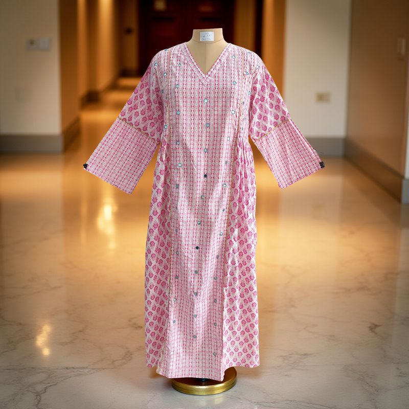 L/XL Saida Printed Cotton Dress 57&quot; Long Jalabiya