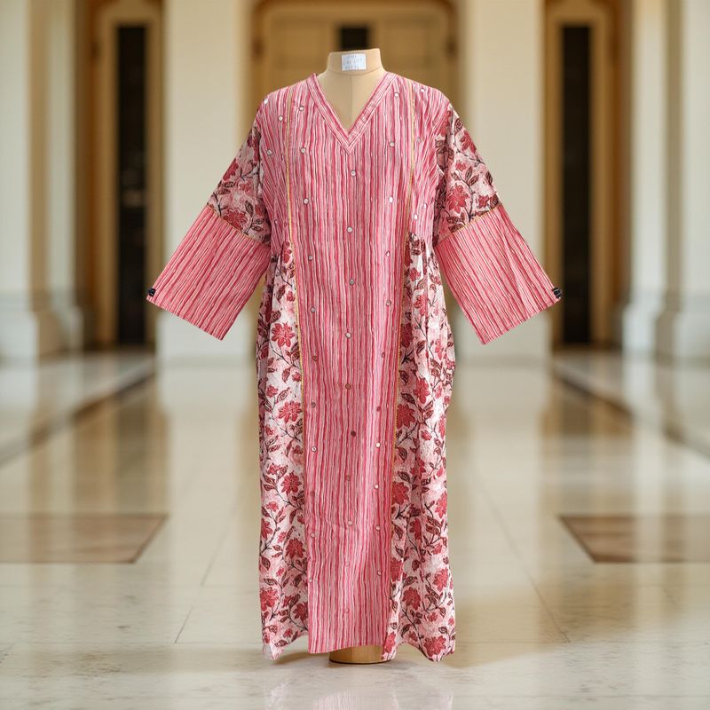 2XL/3XL Saida Printed Cotton Dress 57&quot; Long Jalabiya