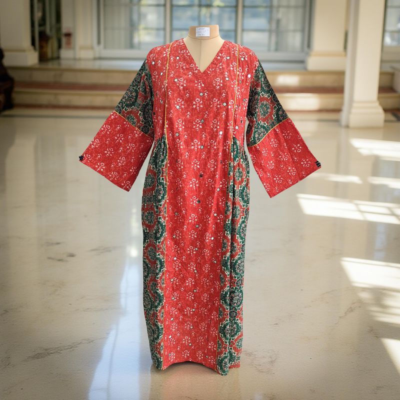 2XL/3XL Saida Printed Cotton Dress 57&quot; Long Jalabiya