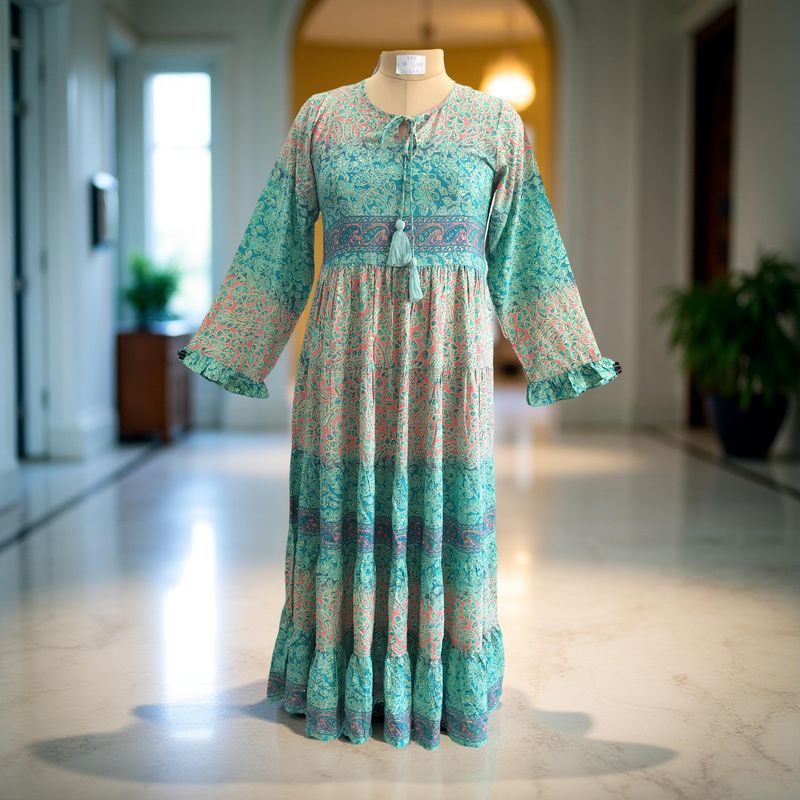 XS/S Razia Silk Crystal Printed  Dress 54&quot; Long Jalabiya