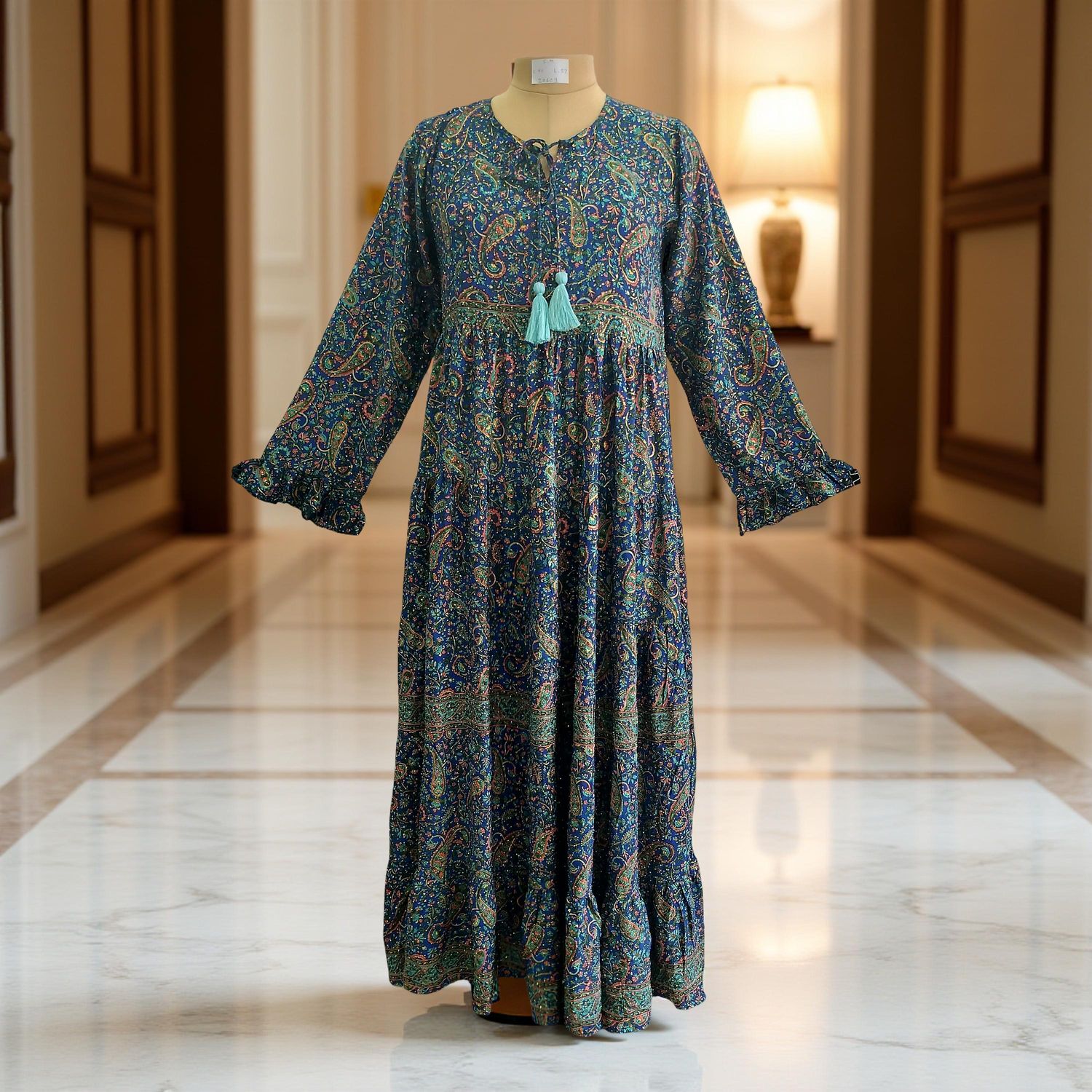 S/M Razia Silk Crystal Printed  Dress 57&quot; Long Jalabiya