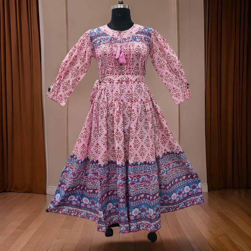 L/XL Abia Pink Cotton Dress 57&quot; Long Jalabiya